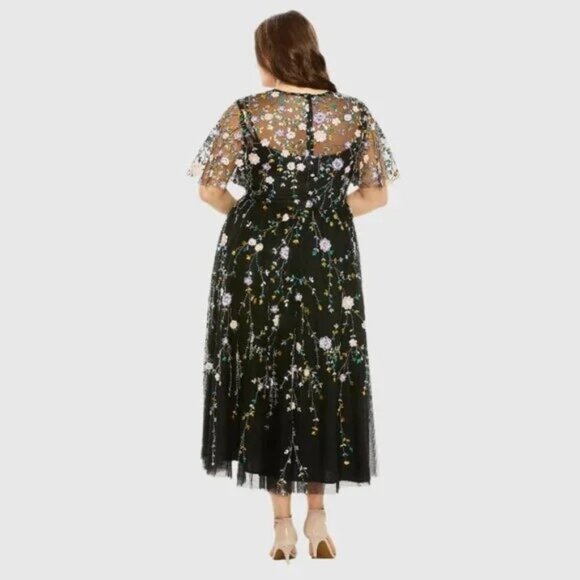 Mac Duggal 68638 Black Midi Dress  Colorful Sequin Floral Embroidered 18W Plus - Picture 4 of 9